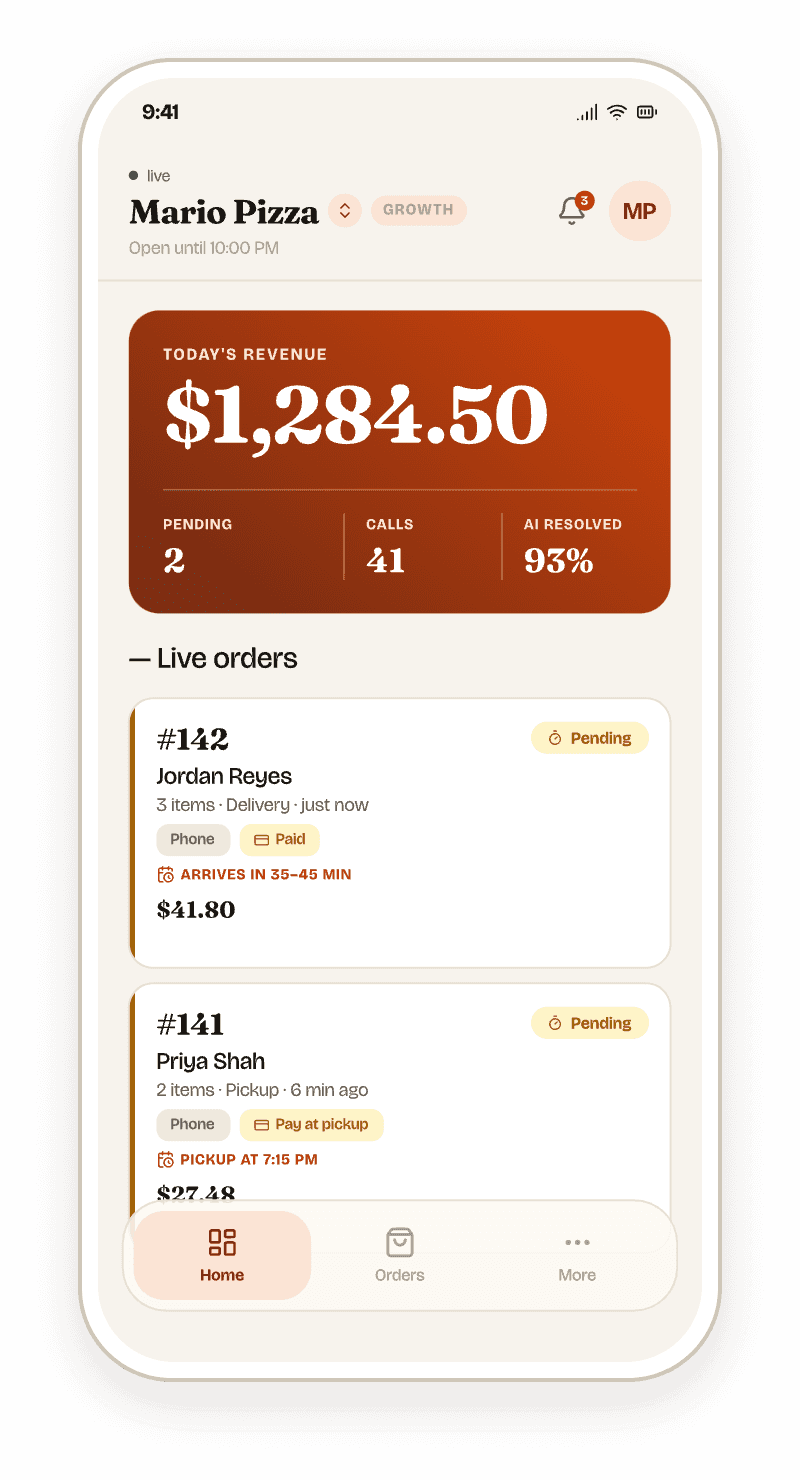 The Callra app for restaurants, with sample data